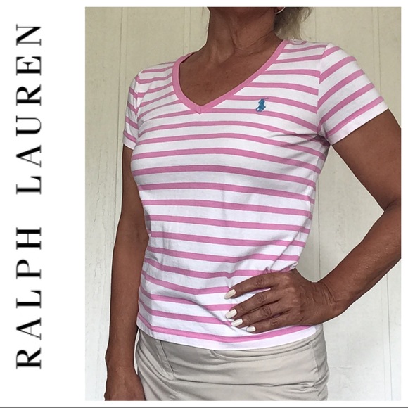 RALPH LAUREN POLO PONY V NECK STRIPED TEE SHIRT MEDIUM - Picture 2 of 11